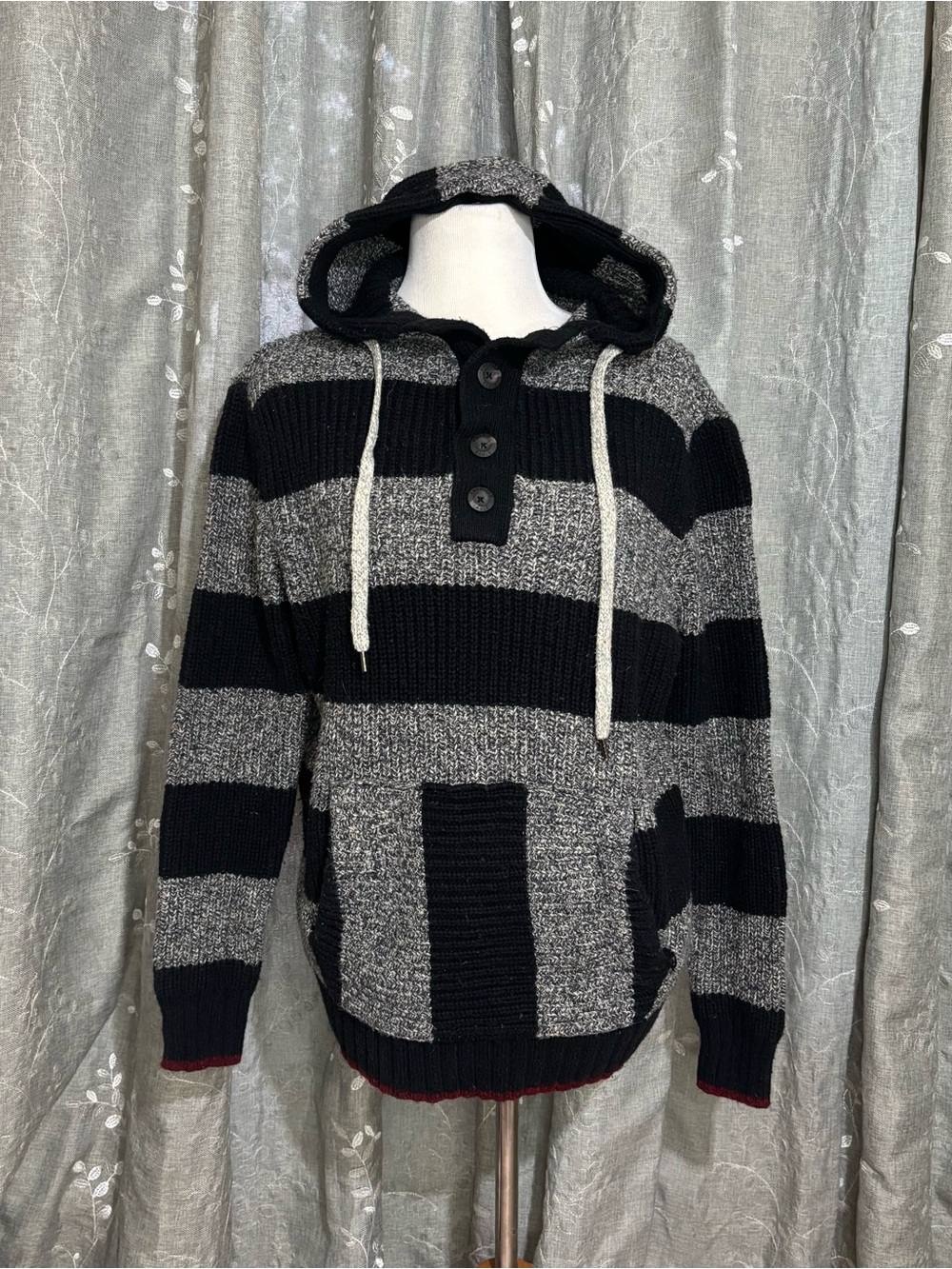American Eagle Outfitters Black & Gray Striped Hooded Knit Sweater